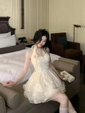 Vintage Ivory Lace A-Line Homecoming Dress Sequin Party Dress Short Halter-neck Cocktail Dress HZ1024