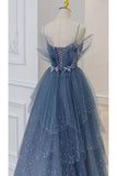 Gorgeous Blue Sparkly Tulle Beaded Prom Dress, Tiered Formal Gown With Rhinestone HZ1024