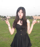 New Fashion Cinched Waist Design Black A-line Sleeveless Spaghetti Strap Dress HZ1024