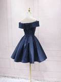 Retro Navy Blue Off-the-shoulder Design A-line Satin Party Dress Homecoming Dress HZ1024
