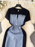 Fashion Design Sense Crew Neck Short Sleeve Patchwork Denim Dress HZ1024