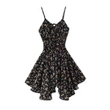 Simple Black Floral Irregular Ruffled Hem Design A-line Sleeveless Spaghetti Strap Dress HZ1024
