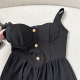 New Fashion Cinched Waist Design Black A-line Sleeveless Spaghetti Strap Dress HZ1024