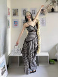 New Fashion Plaid Ruffled Irregular Dress Hem Design A-line Sleeveless Spaghetti Strap Dress HZ1024