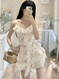 Fashion Irregular Ruffled Floral Design A-line Sleeveless Spaghetti Strap Dress HZ1024