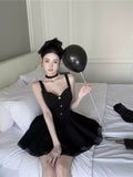 New Fashion Cinched Waist Design Black A-line Sleeveless Spaghetti Strap Dress HZ1024