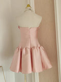 Retro Pink 3D Flowers Design A-line Strapless Satin Mini Party Dress Homecoming Dress HZ1024