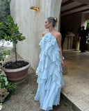 Chic Sky Blue Ruffled Tiered Evening Gown Sheath Chiffon Party Dress Long Formal Dress HZ1024