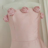 Retro Pink 3D Flowers Design A-line Strapless Satin Mini Party Dress Homecoming Dress HZ1024