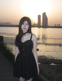 New Fashion Cinched Waist Design Black A-line Sleeveless Spaghetti Strap Dress HZ1024