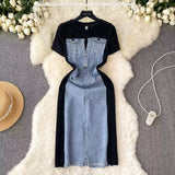 Fashion Design Sense Crew Neck Short Sleeve Patchwork Denim Dress HZ1024