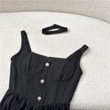 New Fashion Cinched Waist Design Black A-line Sleeveless Spaghetti Strap Dress HZ1024