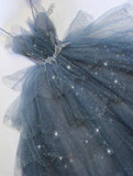 Gorgeous Blue Sparkly Tulle Beaded Prom Dress, Tiered Formal Gown With Rhinestone HZ1024
