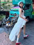 New Fashion White Irregular Ruffled Hem Design A-line Sleeveless Spaghetti Strap Dress HZ1024