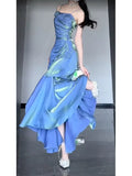 Vintage Blue Spaghetti Strap Ruffle Design Elegant A-line Satin Evening Dress Prom Dress HZ1024