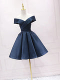 Retro Navy Blue Off-the-shoulder Design A-line Satin Party Dress Homecoming Dress HZ1024