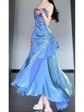 Vintage Blue Spaghetti Strap Ruffle Design Elegant A-line Satin Evening Dress Prom Dress HZ1024