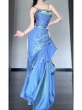 Vintage Blue Spaghetti Strap Ruffle Design Elegant A-line Satin Evening Dress Prom Dress HZ1024