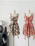 New Fashion Floral Ruffled Design A-line Cinched Waist Sleeveless Spaghetti Strap Dress HZ1024