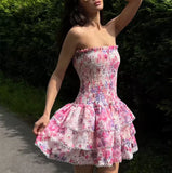 Cute Floral Strapless Design A-line Tiered Party Dress Homecoming Dress HZ1024