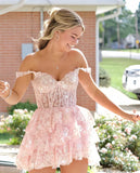 Fashion Light Pink Lace Design Off-the-shoulder Tiered Homecoming Dress HZ1024