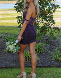 Vintage Purple Beaded Sweetheart Off-the-shoulder Sheath Homecoming Dress Party Dress Cocktail Dress HZ1024