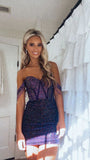 Vintage Purple Beaded Sweetheart Off-the-shoulder Sheath Homecoming Dress Party Dress Cocktail Dress HZ1024
