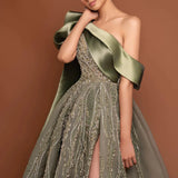 Gorgeous Sparkling Beaded Green One-shoulder A-Line High Slit Long Prom Dress Evening Dress HZ1024