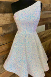 Charming White Sequin One- shoulder Design Cocktail Dress A-line Homecoming Dress HZ1024