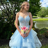 Vintage Blue Tulle Prom Dress Spaghetti Strap Evening Dress Long A-Line Formal Dress HZ1024