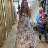 Vintage Blue Floral Prom Dress A-Line Tiered Evening Dress Long Formal Dress HZ1024