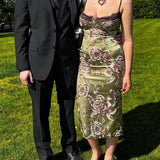 Sexy Vintage Green Floral Print Spaghetti Strap Satin Ankle Length Prom Dress Evening Dress HZ1024