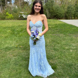 Vintage Blue Sweetheart Prom Dress Applique Strapless Evening Dress Long Sheath Formal Dress HZ1024