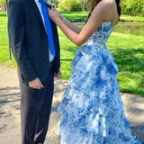 Vintage Blue Floral Prom Dress A-Line Tiered Evening Dress Long Formal Dress HZ1024