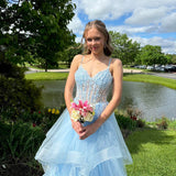 Vintage Blue Tulle Prom Dress Spaghetti Strap Evening Dress Long A-Line Formal Dress HZ1024