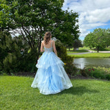 Vintage Blue Tulle Prom Dress Spaghetti Strap Evening Dress Long A-Line Formal Dress HZ1024
