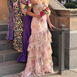 Vintage Pink Floral Sequin Prom Dress Spaghetti Strap Evening Dress Long Sheath Formal Dress HZ1024