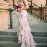 Vintage Pink Floral Sequin Prom Dress Spaghetti Strap Evening Dress Long Sheath Formal Dress HZ1024