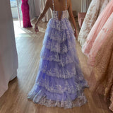 Vintage Shiny Sequin A-Line Prom Dress Spaghetti Strap Tiered Evening Dress Long Formal Dress HZ1024