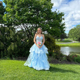 Vintage Blue Tulle Prom Dress Spaghetti Strap Evening Dress Long A-Line Formal Dress HZ1024