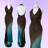 Retro Gradient Gorgeous Exquisite Beaded Halter Dress Long Chiffon Evening Gown Prom Dress HZ1024