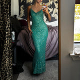 Vintage Turquoise Sheath Evening Gown Glittering Sequin Party Dress Long Formal Dress HZ1024