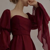 Retro Burgundy Long-sleeve A-Line Long Prom Dress Party Dress Evening Dress HZ1024