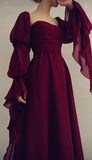 Retro Burgundy Long-sleeve A-Line Long Prom Dress Party Dress Evening Dress HZ1024