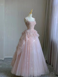 Vintage Pink Lace Shiny Sequin A-Line Tulle Prom Dress Party Dress Evening Dress HZ1024