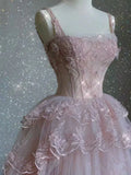 Vintage Pink Lace Shiny Sequin A-Line Tulle Prom Dress Party Dress Evening Dress HZ1024