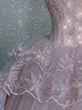 Vintage Pink Lace Shiny Sequin A-Line Tulle Prom Dress Party Dress Evening Dress HZ1024