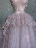Vintage Pink Lace Shiny Sequin A-Line Tulle Prom Dress Party Dress Evening Dress HZ1024