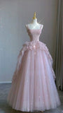 Vintage Pink Lace Shiny Sequin A-Line Tulle Prom Dress Party Dress Evening Dress HZ1024