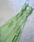 Enchanting V-neck Embroidery Spaghetti Strap Satin Mermaid Prom Dress Evening Dress HZ1024